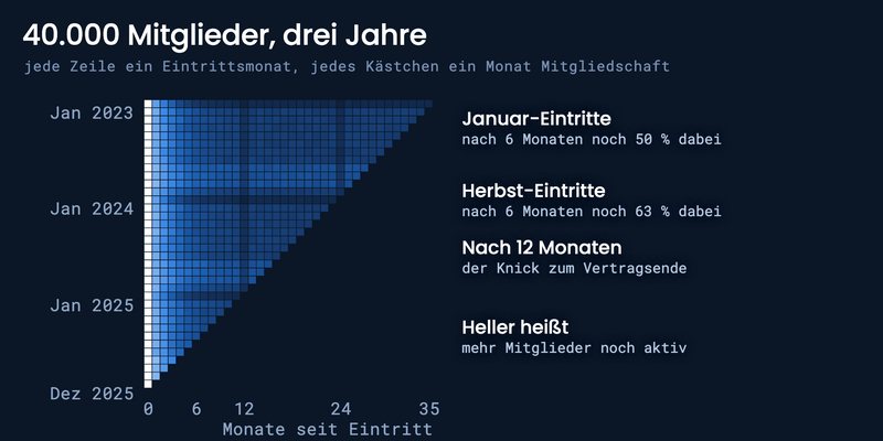 40.000 simulierte Mitglieder über drei Jahre, jede Zeile ein Eintrittsmonat