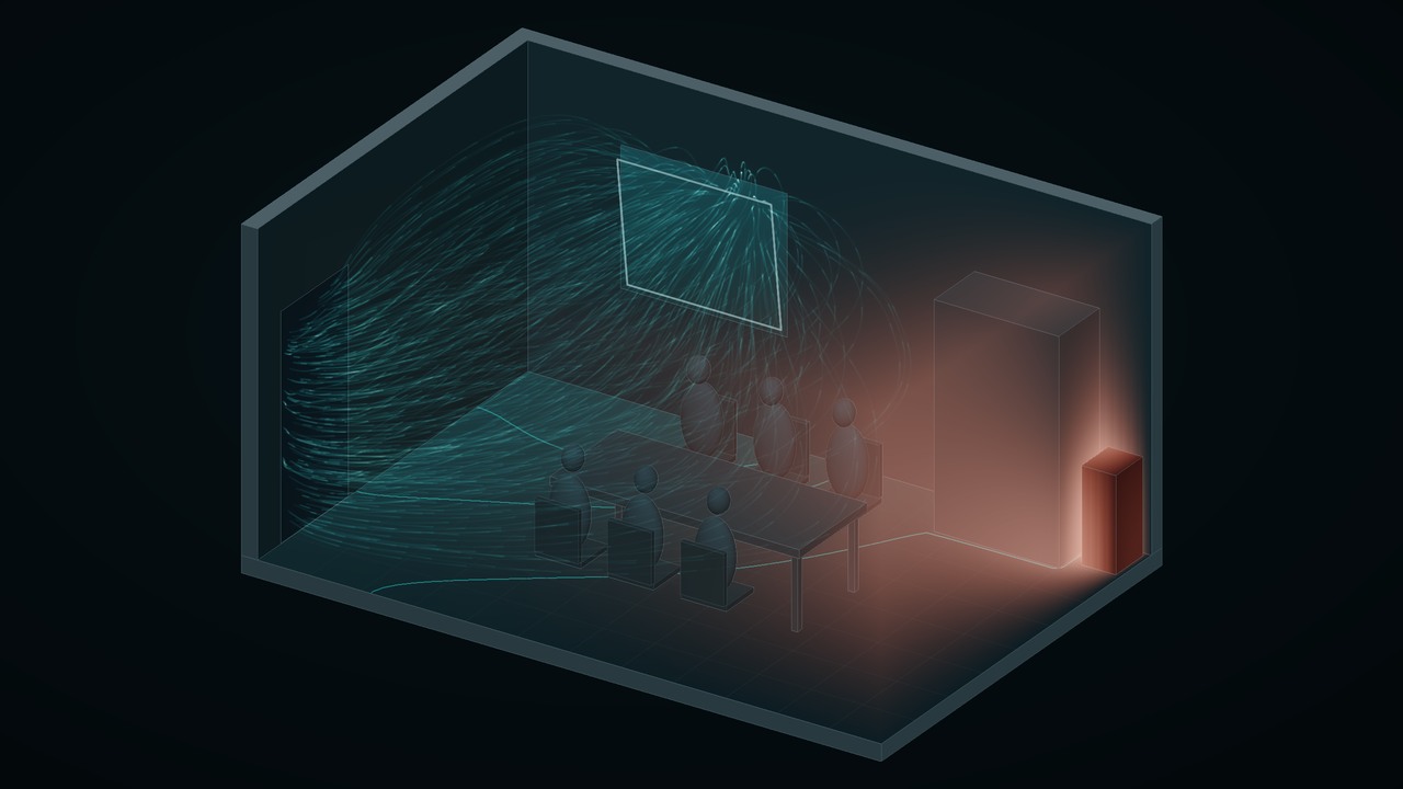 Simulierter Besprechungsraum in 3D mit Luftströmung vom gekippten Fenster zur Tür und einer Schadstoffwolke aus einem neuen Regal hinter dem Schrank